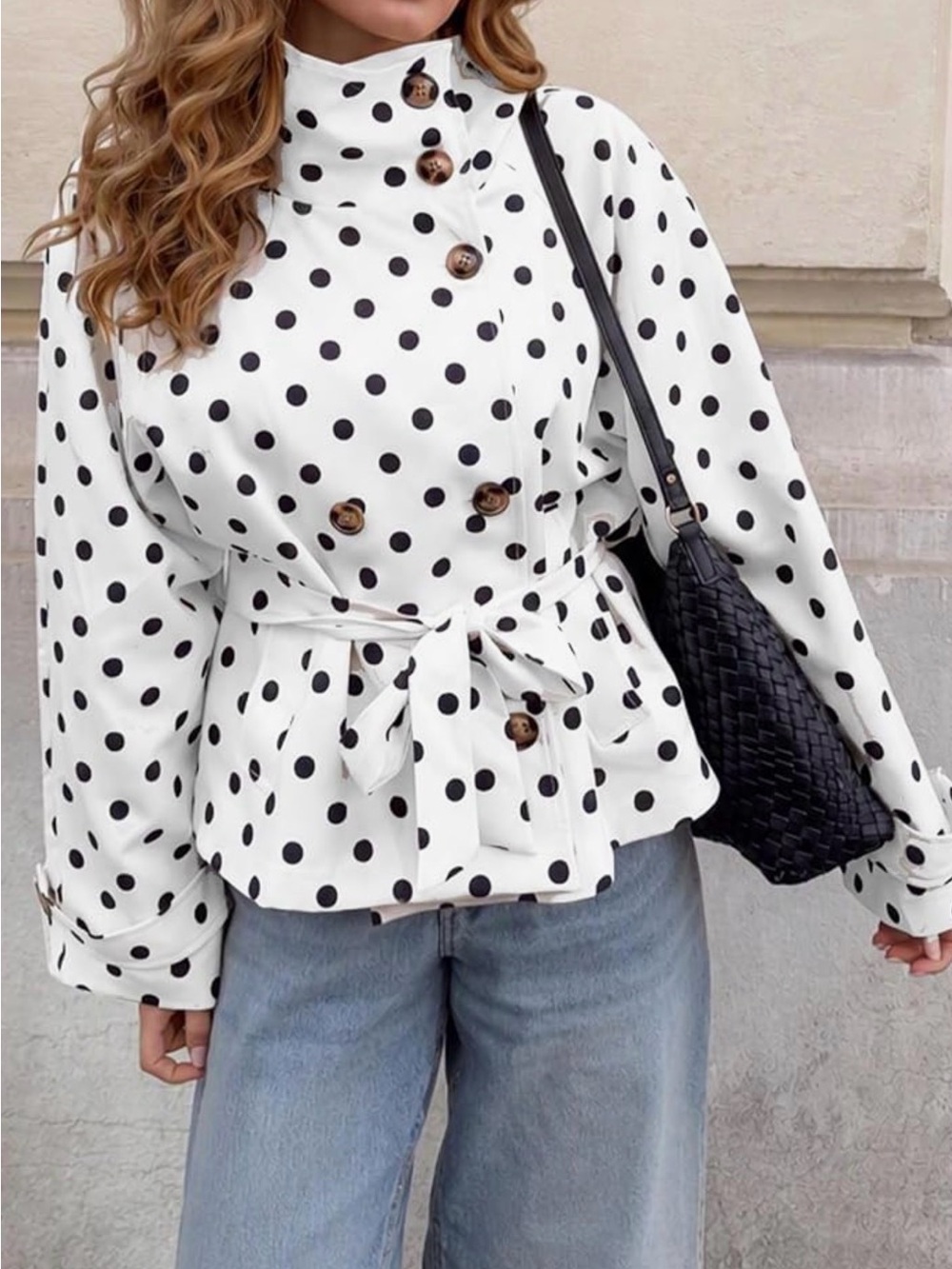 White Polka Dot Tie-Waist Trench Coat